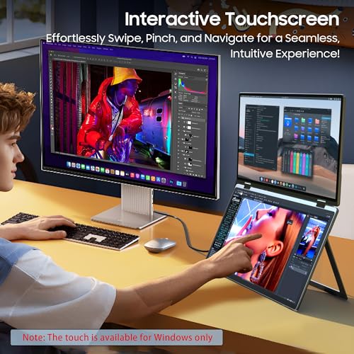 wisecoco 15.6" Dual Screen Touch Portable Monitor for Laptop Screen Extender IPS 1080P 360°Foldable Stacked Display with Kickstand HDMI USB-C for PC Laptop Windows Mac Driver-Free Flip S5+