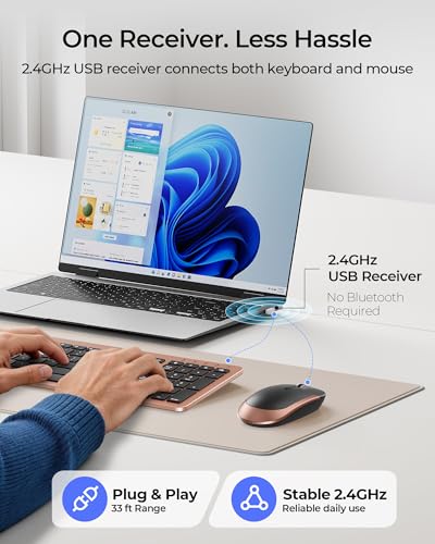 seenda Rechargeable Wireless Keyboard and Mouse Combo, Rose Gold & Black | Quiet, slim full-size keyboard with numpad, 2.4GHz USB receiver, USB-C charging, 3-level DPI mouse for Windows PCs/laptops - color: Rose Gold & Black