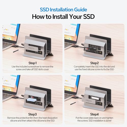 MacBook Docking Station Dual Monitor 4K@60Hz with M.2 NVMe SSD Enclosure | PULWTOP Vertical USB C Laptop Stand Dock for MacBook M5/M4 Pro/Max, 2 HDMI, PD, USB A/C 10Gbps, Ethernet, Space-Saving - Gray