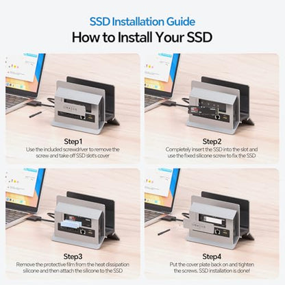 MacBook Docking Station Dual Monitor 4K@60Hz with M.2 NVMe SSD Enclosure | PULWTOP Vertical USB C Laptop Stand Dock for MacBook M5/M4 Pro/Max, 2 HDMI, PD, USB A/C 10Gbps, Ethernet, Space-Saving - Gray