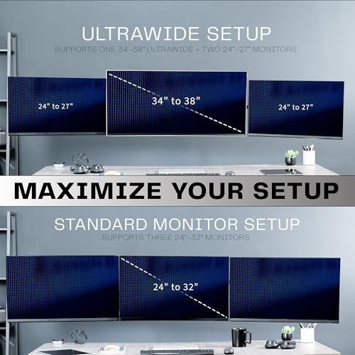 VIVO Premium Triple Monitor Wall Mount for 3 Screens up to 22 lbs, Fits up to 38 inch Ultrawides on Center Bracket, Adjustable Telescoping Arms, Flush Wall Setup, Black, MOUNT-TS03C - size: up to 38", style: Triple mount