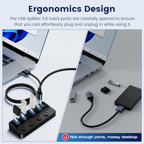 Qeefun 4-Port USB 3.0 Hub, Individual LED Power Switches, 5Gbps Data Transfer USB Splitter with 2ft Extension Cable, Multiple USB Extender for Laptop, PC, iMac, USB Flash Drives and More - style: A to 4A(60cm)