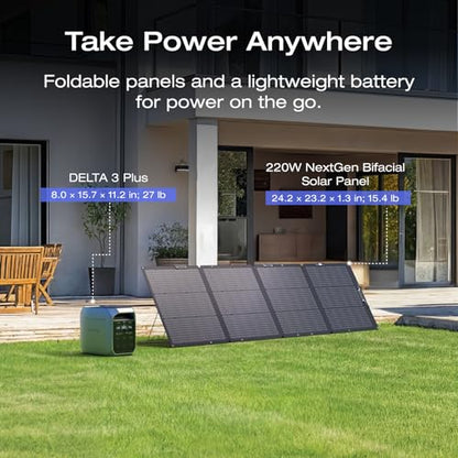 EF ECOFLOW Solar Generator DELTA 3 Plus with 220W Bifacial Panel, 1024Wh | LFP(LiFePO4) Battery, 1800W AC/140W USB-C Output, Portable Power Station for Home Backup Power, Camping & RVs - style: DELTA 3 Plus with 220W