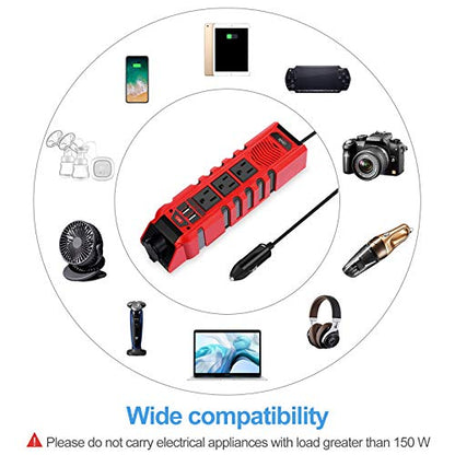 150W Car Power Inverter DC 12V to 110V AC Converter with 3 AC Outlets 2 Quick Charger 4.8A Dual USB Ports Cigarette Lighter Socket Charger Adapter - size: 150 Watt/Modified Sine Wave