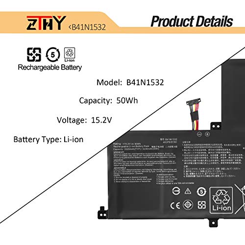 B41N1532 Laptop Battery Replacement for Asus Q504U Q504UA Q504UAK Q534UA | Zenbook Flip UX560 UX560UA UX560UAK UX560UA-FZ014T UX560UQ-FJ051T Q504UA-BBI5T12 BHI5T13 BHI7T21 B41BK25 B41Bl95 15.2V 50Wh - size: 8.19*7.28*0.2 inch B41N1532