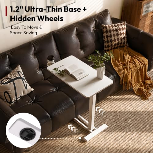 SANODESK 28''Pneumatic Adjustable Overbed Bedside Table with Hidden Casters | Medical Mobile Side End Table Laptop Computer Standing Desk Cart with Tray, Hospital and Home Use(27.6" W x 15.7" D,White) - color: White, size: Small