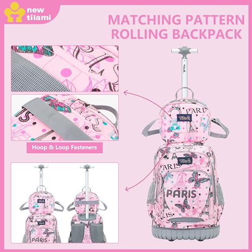 NEW TILAMI Rolling Backpack for Kids 18 Inch Wheeled Laptop Backpack Kids School Travel - color: Pink Paris