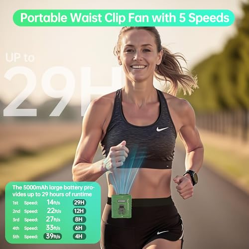 Waist Fan, 5000mAh Rechargeable Belt Clip Fan, 39ft/s Strong Airflow, 5 Speeds, Up to 29H Runtime, Wearable Hands-Free Cooling with LED SOS Light for Outdoor Camping Hiking - color: Army Green