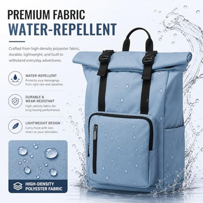 Roll Top Laptop Backpacks for Men & Women, Anti-Theft Travel Backpack Fits 15.6-17.3 Inch Laptop, Water-Resistant Durable Computer Bag for Work, College & Daily Commute (Blue) - color: Blue