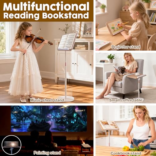 2 in 1 Dual-use Music Stand & Desktop Book Stand, Adjustable Height 16.5"-51", 100% Solid Wood Laptop Floor Stand Book Holder with Elastic Page Clips for Cookbooks (White) - color: White