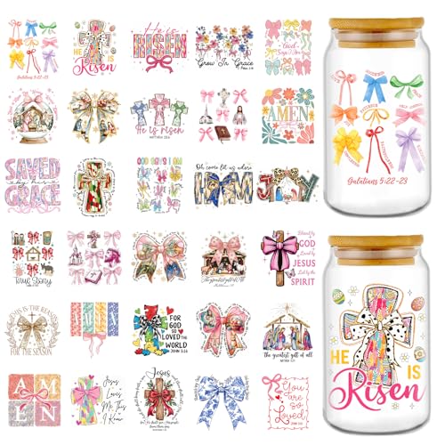 Rngmsi UV DTF Cup Wrap - 30 Pcs Bible Verse Bow UV DTF Stickers for 16 OZ Christian Inspirational Cross Waterproof UVDTF Transfer Decals for Glasses Cups Mug DIY Crafts - style: Bible Verse Bow