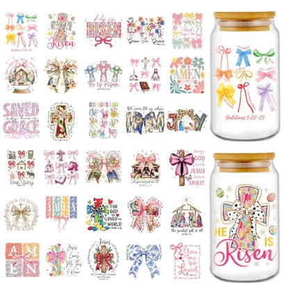 Rngmsi UV DTF Cup Wrap - 30 Pcs Bible Verse Bow UV DTF Stickers for 16 OZ Christian Inspirational Cross Waterproof UVDTF Transfer Decals for Glasses Cups Mug DIY Crafts - style: Bible Verse Bow