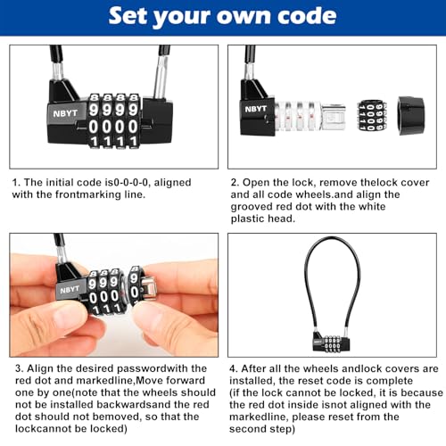 Cable Locks with Combination,Steel Cable Rope Wire 4-Digit Combination Lock with Resettable Code for Bikes, Lockers, File Cabinets, Wardrobes, Small Fences,gate Lock, Pool Padlock. - size: Span5.9",Cable length11*0.2 in