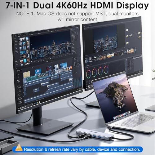 USB C to Dual HDMI Adapter, 7 in 1 Docking Station Dual Monitor, 3*USB-A Data Ports, 100W PD, HDMI Splitter Extended Display Laptop USB C Hub for MacBook, HP, Dell and More