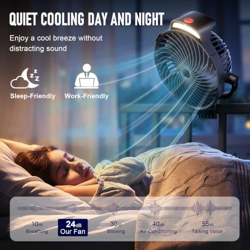 8-Inch Rechargeable Clip on Fan, 10000mAh Portable Camping Fan with LED Light, 9-Speed Ultra Quiet Airflow, 30H Runtime, 360° Rotating Desk Fan for Golf Cart, Bedroom, Office, Dorm, Black - color: Black