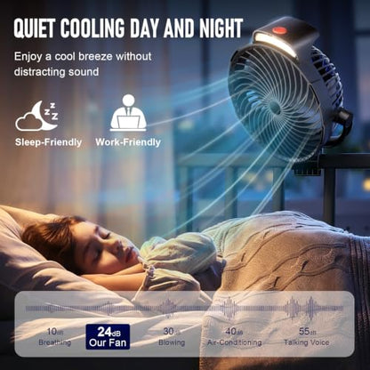 8-Inch Rechargeable Clip on Fan, 10000mAh Portable Camping Fan with LED Light, 9-Speed Ultra Quiet Airflow, 30H Runtime, 360° Rotating Desk Fan for Golf Cart, Bedroom, Office, Dorm, Black - color: Black