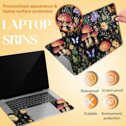 SUPERDANT Mushroom Butterfly Laptop Skin 3 Pcs Main Touchpad Decals Removable PVC Sticker for 12 13 14 15 15.6 inch Notebook Colorful - style: Mushroom And Butterfly