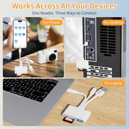 SD Card Reader for iPhone iPad Mac, 3-in-1 USB-C & Lightning & USB-A MicroSD/SD Adapter, Plug & Play Camera Adapter to iPhone, High-Speed Memory Card Reader for Digital Camera Trail Camera,Laptop
