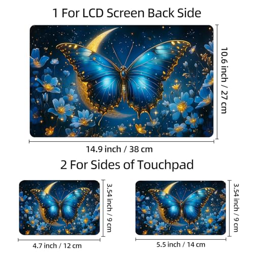 Universal Laptop Skin Sticker Decal, 12"-15.6" Aesthetic Vinyl Wrap, Blue Butterfly Moon Waterproof Notebook Cover Art Protector for MacBook HP Dell Lenovo, Fits 13" 14" 15" 15.6" - color: Blue Butterfly Moon