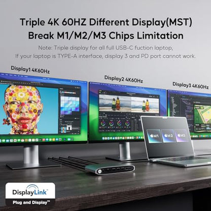 DisplayLink Docking Station Triple Monitor with 140W Power Adapter, PULWTOP 4K@60Hz Laptop Docking USB C Dock for MacBook M1/M2/M3, Windows, 3xHDMI, 2xDisplayPort,5xUSB C/USB A Data/Charging - size: 16 in 1 Displaylink triple docking station