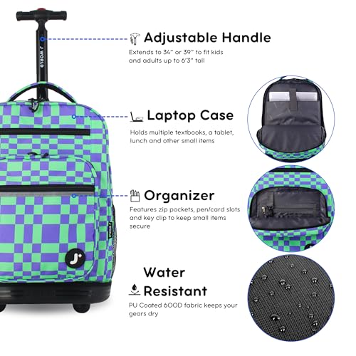J World Sundance Laptop Rolling Backpack for Girls Boys. Roller Bookbag with Wheels, 20 Inch, Pixel Checkers - color: Pixel Checkers
