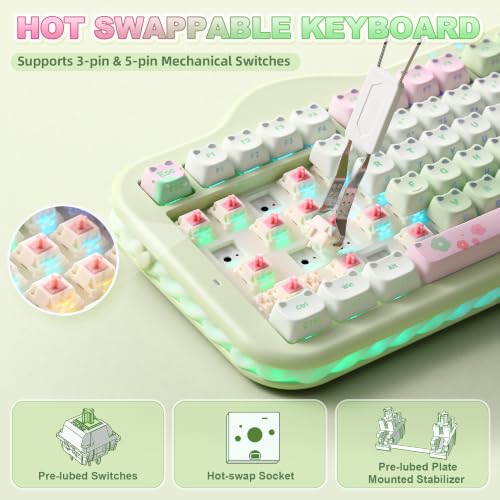 YUNZII C98 Cute Wireless Mechanical Keyboard(Green Mao, Candy Switch) | Cake Keyboard,99 Keys with Number Pad, MAO Keycaps, BT5.0/2.4G/USB-C,Hot Swap, Gasket Mount, Custom RGB Backlight for Win/Mac - color: Green MAO, size: Candy Linear Switch
