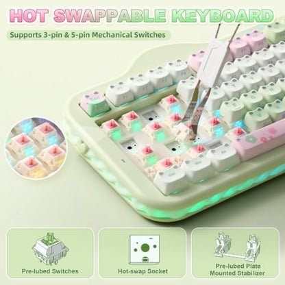 YUNZII C98 Cute Wireless Mechanical Keyboard(Green Mao, Candy Switch) | Cake Keyboard,99 Keys with Number Pad, MAO Keycaps, BT5.0/2.4G/USB-C,Hot Swap, Gasket Mount, Custom RGB Backlight for Win/Mac - color: Green MAO, size: Candy Linear Switch