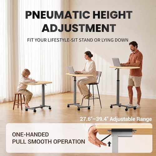 WOTURE Pneumatic Adjustable Overbed Bedside Table with Wheels - Hospital & Home Use, Medical Bed Table, Mobile Standing Desk, Rolling Laptop Cart, Non Tilt Surface(23.6" L x 15.7" W, Maple) - color: Maple