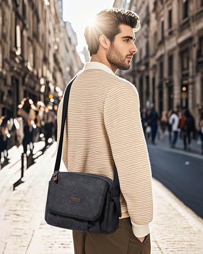 Messenger Bag for Men, Crossbody Bag Aesthetic, Water Resistant Unisex Classic Canvas Shoulder Bag - color: A1-black