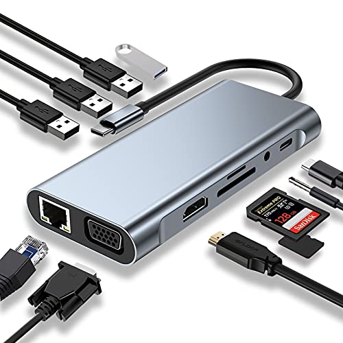 USB C HUB 11 in 1 Docking Station Compatible with MacBook Pro/Air | USB C Adapter with 4K HDMI/VGA/USB C PD/USB3.0/RJ45 Ethernet/SD/TF Card Reader/3.5mm AUX Compatible with Other Type C Laptops - size: 11 in 1