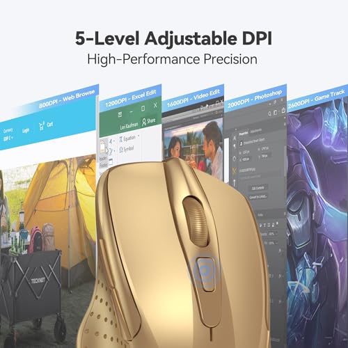 TECKNET Wireless Mouse, 2.4G Ergonomic Computer Mouse, 2600 DPI, Gold | Ergonomic Design with Side Grips, Adjustable DPI, 2-Year Battery, Compact Size, USB-A Plug & Play, Wide OS Compatibility - color: Gold