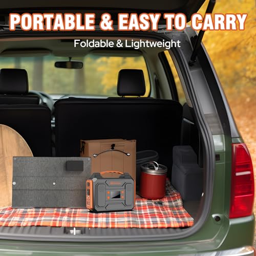 Portable Solar Power Station with Foldable Solar Panel 60W, 110V AC Outlet Camping Solar Powered Generator with Panels, Solar Powered Power Bank Generator for Laptop Smart Devices RV Outdoor Backup