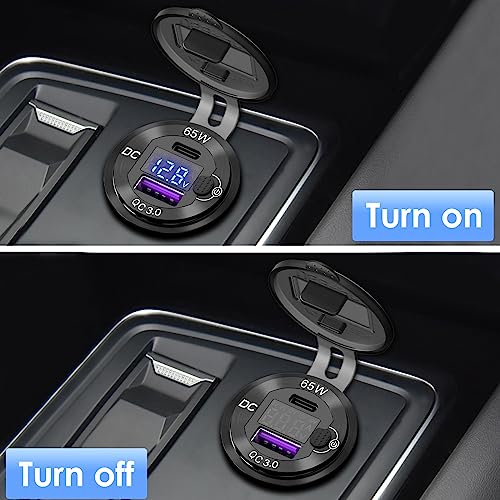 83W 12V USB Power Outlet, Qidoe Aluminum 65W PD Laptop Charger Socket and 18W QC3.0 Car USB Port with Digital Voltmeter Button Switch Smart Boosting 12V Outlet for Car RV Marine Boat Moto