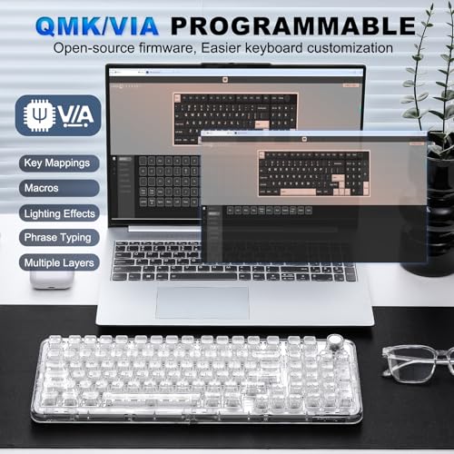 YUNZII X98 Wireless Mechanical Keyboard with Knob (White, Crystal Switch) | BT5.0/USB-C/2.4GHz,1800 Layout with Number Pad,Pre-lubed Switches Gasket Mount ,Clear Keyboard with RGB for Wins/Mac/Gaming - color: White, size: Crystal Switch