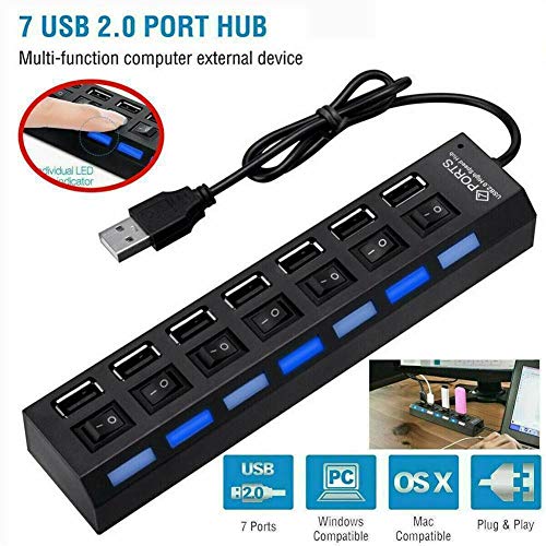 7-Port USB 2.0 Hub, USB Extender Splitter with Individual LED ON/Off Switches, Over-Current Protection, Plug-and-Play for Laptop
