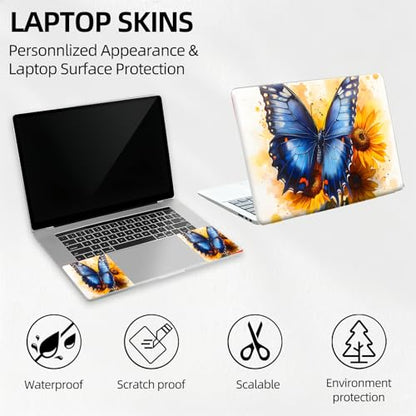 Blue Butterfly on Sunflowers Universal Laptop Skin Sticker 3PCS,Protective Decal Trim-to-Fit 11.6" 13.3" 14" 15.6" Laptop Vinyl Cover,Removable Anti-Scratch Computer Decal Protector - color: Blue Butterfly on Sunflowers