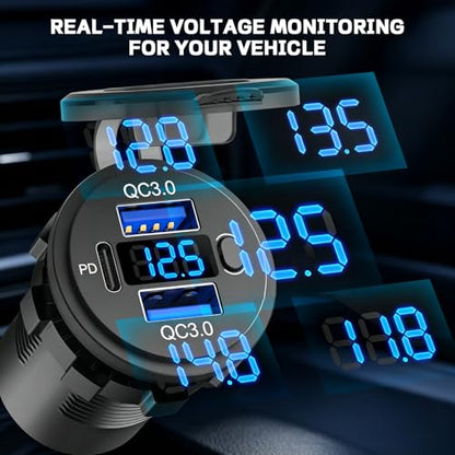 72W Dual USB Quick Charge 3.0 & PD USB C Car Charger Socket, 12V/24V USB Outlet with LED Voltmeter, Power Switch, 4X Faster Charging, Multi-Protection, Universal for Car, Boat, Truck & RV(Blue) - color: blue