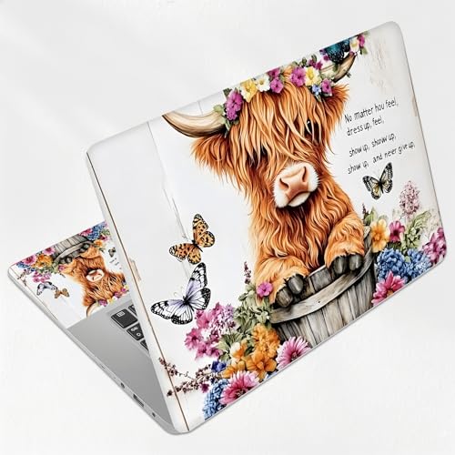 Highland Cow in Flower Bucket Floral Universal Laptop Skin Sticker 3PCS, Protective Decal Trim-to-Fit 11.6" 13.3" 14" 15.6" Laptop Vinyl Cover, Removable Anti-Scratch Computer Decal Protector - color: Highland Cow in Flower Bucket Floral