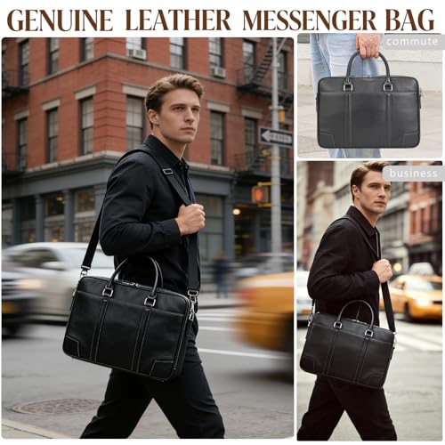 Leather Laptop Bag for Men Briefcase Fits 15.6 Inch Notebook Portable Shoulder Messenger Crossbody Bag for Travel Office - color: 824-black