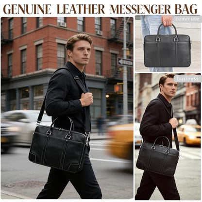 Leather Laptop Bag for Men Briefcase Fits 15.6 Inch Notebook Portable Shoulder Messenger Crossbody Bag for Travel Office - color: 824-black