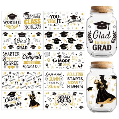 Peacoblue UV DTF Cup Wraps Transfer Stickers Graduation Season Pattern, 10 Sheets Waterproof Custom Vinyl Transfer Sticker 16oz Coffee Glass Cup Tumbler Bottle Mug Decals for Men Women - style: Graduation Season