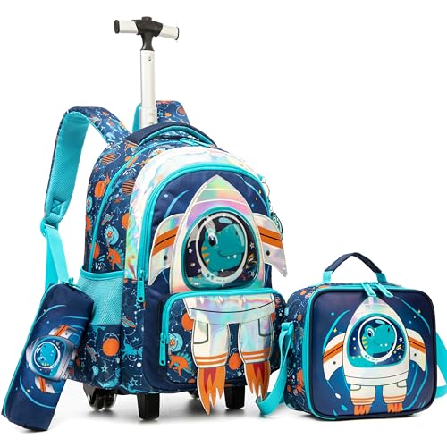 Meetbelify Kids Rolling Backpack with Wheels for Boys Elementary Students Kids Travel Luggage Carry on School Backpack for Boys Ages 6-8 - color: 02 Blue