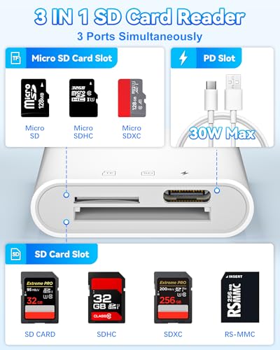 USB-C SD Card Reader, SD MicroSD Reader with 30W PD Charging for iPhone | iPad/Laptop Compatible • Trail Camera Viewer • Plug & Play • SD/MicroSD Support • Photo/Video Transfer