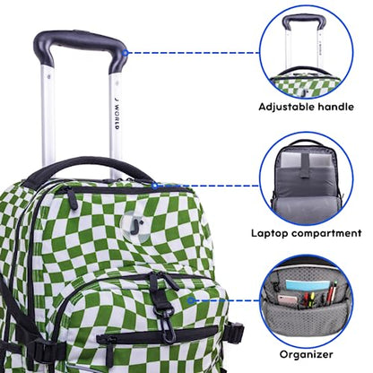 J World Lunar Rolling Backpack. Laptop Bag With Wheels. Wheeled Carry-On Travel Luggage, Matcha Checkers, 19.5 x 13 x 8 Inches - color: Matcha Checkers
