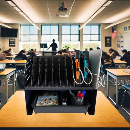10-Device Laptop & Tablet Charging Station with 6 AC Outlets & 4 Fast-Charging USB Ports, Charging Rack for Chromebooks, iPads & Devices Up to 15.6", Classroom, Office & Library Organizer - color: Black with 10-Device Charging Station