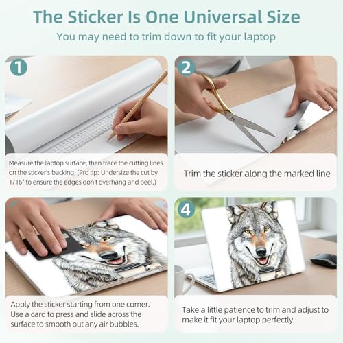 Universal Laptop Skin Decal, 3-Piece Vinyl Protector for 12 13 14 15.6" Notebook, Waterproof Anti-Scratch, Easy Trim & Bubble-Free Finish, Smiling Wolf Holding Coffee - color: Smiling Wolf Holding Coffee