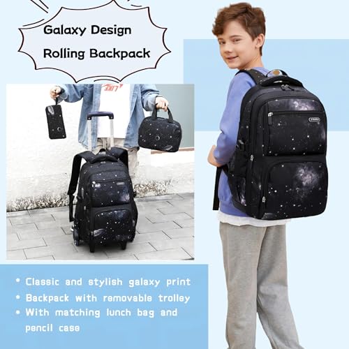 3Pcs Galaxy Boys Rolling Backpack Set with Lunch Bag, Galaxy Print Kids Backpack for Boys with Wheels - color: 3pcs-galaxy-black