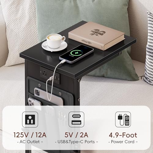 Vagusicc C-Shaped End Tables Set of 2 with Charging Station, 33'' Tall C Table Adjustable Height Side Table, Sofa Table for Couch, Couch Table that Slide Under Sofa, TV Trays for Living Room, Black - color: 2pc Black, style: With Plug