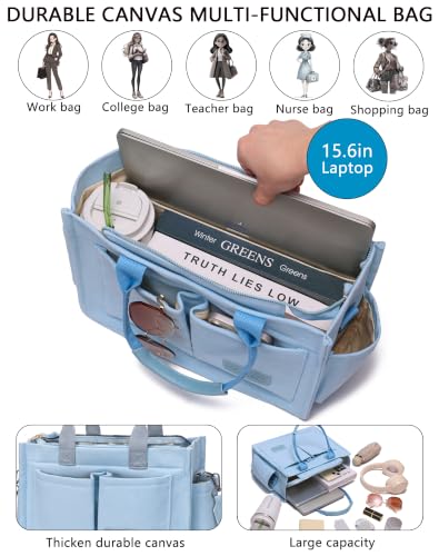 Canvas Tote Bag for Women,Women's Bags Crossbody Bags Work Laptop Tote Bag Large Handbags Purse for Travel Nurse Teacher - color: New Upgrade Light Blue With Compartments and Side Cup Holders