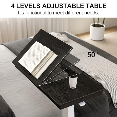Solid Wood Overbed Bedside Table with Wheels,Tilt Top Hospital Bed Table Adjustable Over the Bed,Rolling Bed Desk for Hospital and Home Use (Black) - color: Black
